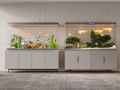 Two Modern Aquariums on White Cabinet Featuring Fish and Aquatic Plants 3d model