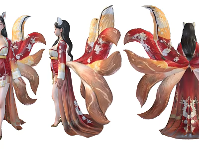 Elegant Woman In Traditional Red Orange Floral Dress With Flowing Fox Tail Silhouette 3d model