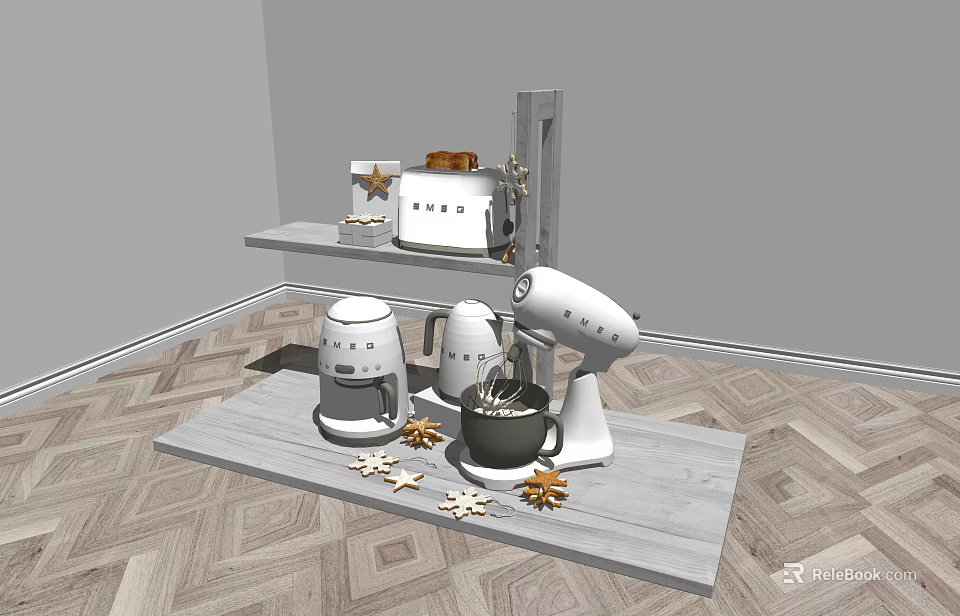 Modern Kitchen Countertop With Various Appliances Like Mixer Toaster And Coffee Maker 3d model 