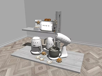 Modern Kitchen Countertop With Various Appliances Like Mixer Toaster And Coffee Maker 3d model