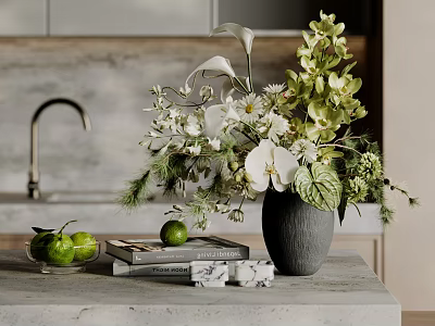 Decorative Kitchen Countertop Decor with Gray Vase White Calla Lilies Orchids Greenery Books and Limes 3d model