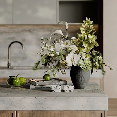 Decorative Kitchen Countertop Decor with Gray Vase White Calla Lilies Orchids Greenery Books and Limes 3d model