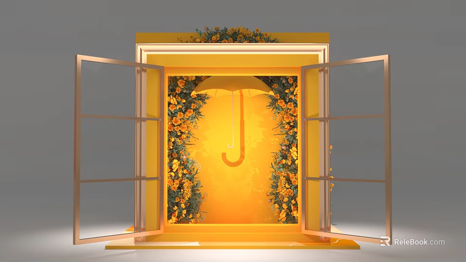 Instagrammable Photo Spot With Yellow Open Frame Orange Flowers And Hanging Yellow Umbrella 3d model 