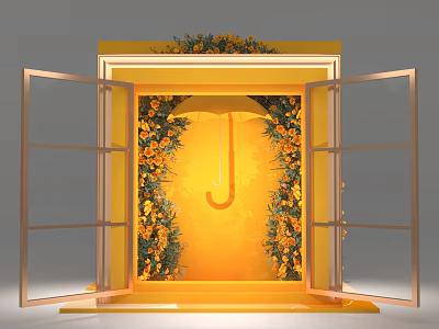 Instagrammable Photo Spot With Yellow Open Frame Orange Flowers And Hanging Yellow Umbrella 3d model