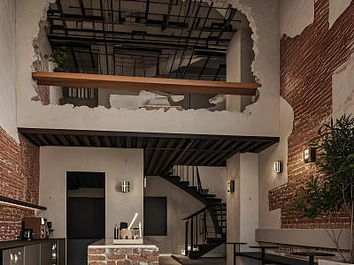 Industrial Restaurant Interior With Exposed Ceiling Brick Walls Wooden Beam And Metal Staircase 3d model