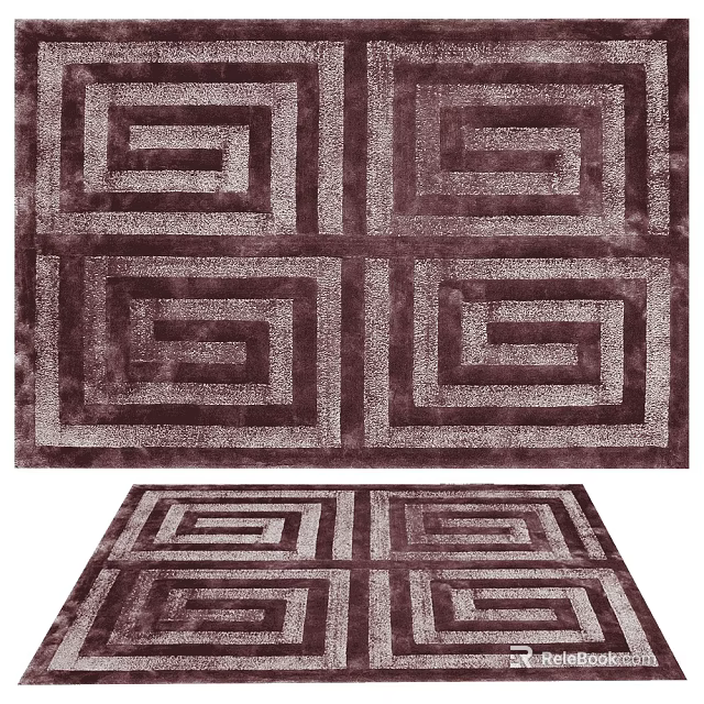 Square Rug With Textured Geometric Greek Key Pattern Dark Brown And White 3d model
