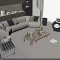Modern Beige L shaped Sofa with Black Cushions and Wooden Coffee Table in Living Room Interior