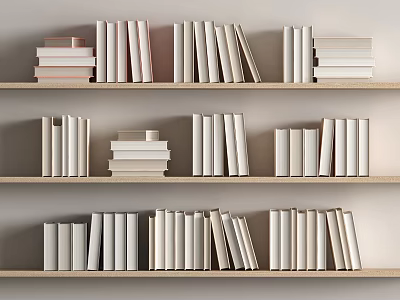 Neatly Arranged Books on Wooden Bookshelves with White and Light Pink Covers Some Stacked Upright 3d model