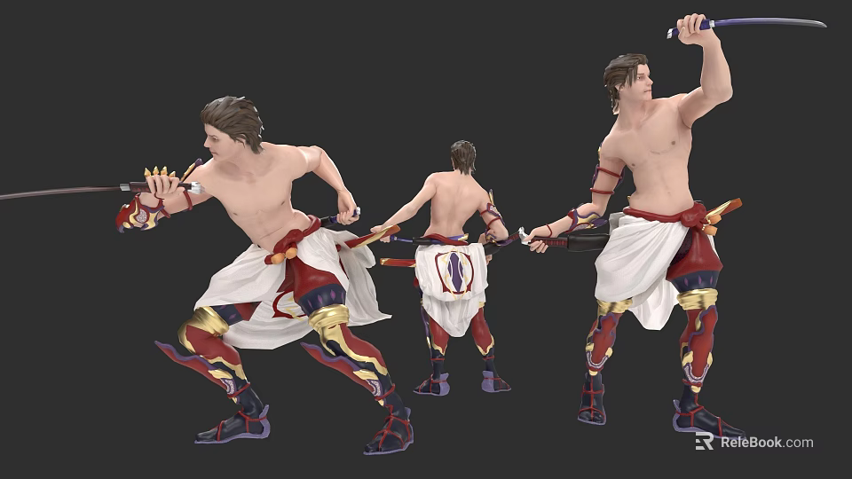 Game Movie Character Shirtless Male With White Red Outfit Holding Weapon Multiple Angles 3d model 