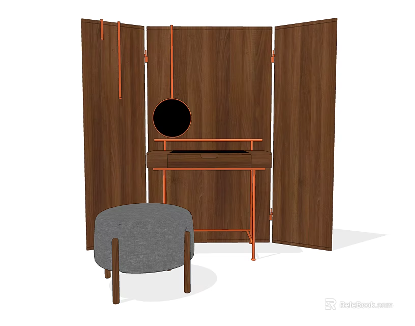 Walnut Wood Dressing Table With Round Mirror Gray Stool And Folding Screens 3d model
