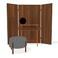 Walnut Wood Dressing Table With Round Mirror Gray Stool And Folding Screens 3d model
