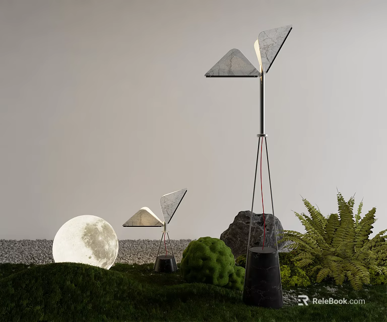 Outdoor Garden Lighting Combinations With Triangular Lamps Moonlit Scene And Green Plants 3d model 