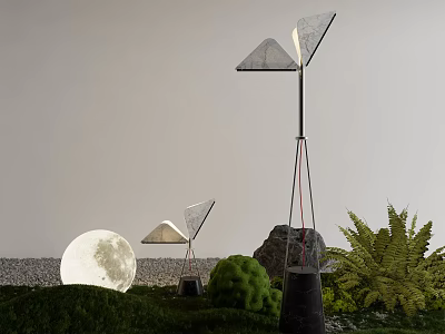 Outdoor Garden Lighting Combinations With Triangular Lamps Moonlit Scene And Green Plants 3d model