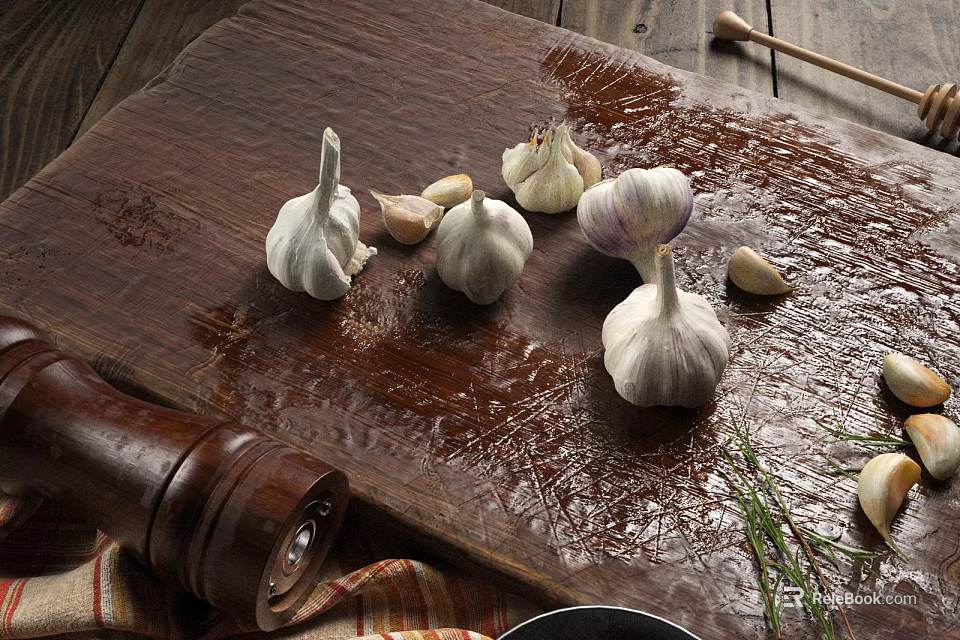 Fresh Garlic Bulbs and Scattered Cloves on Wooden Cutting Board with Herbs and Wooden Background 3d model 