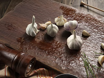 Fresh Garlic Bulbs and Scattered Cloves on Wooden Cutting Board with Herbs and Wooden Background 3d model