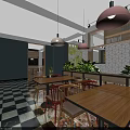 Modern Restaurant Interior With Checkered Floor Wooden Tables Red Chairs And Pendant Lights