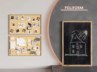 Corkboard with Photos Notes and Chalkboard Drawing of House Shooting Star in Poliform Wooden Frame 3d model