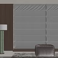White Roman Shades In Modern Interior With Wooden Wall Floor Lamp And Leather Ottoman