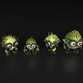 Four Green Fuzzy Monsters With Big Eyes Arranged On Dark Background 3d model