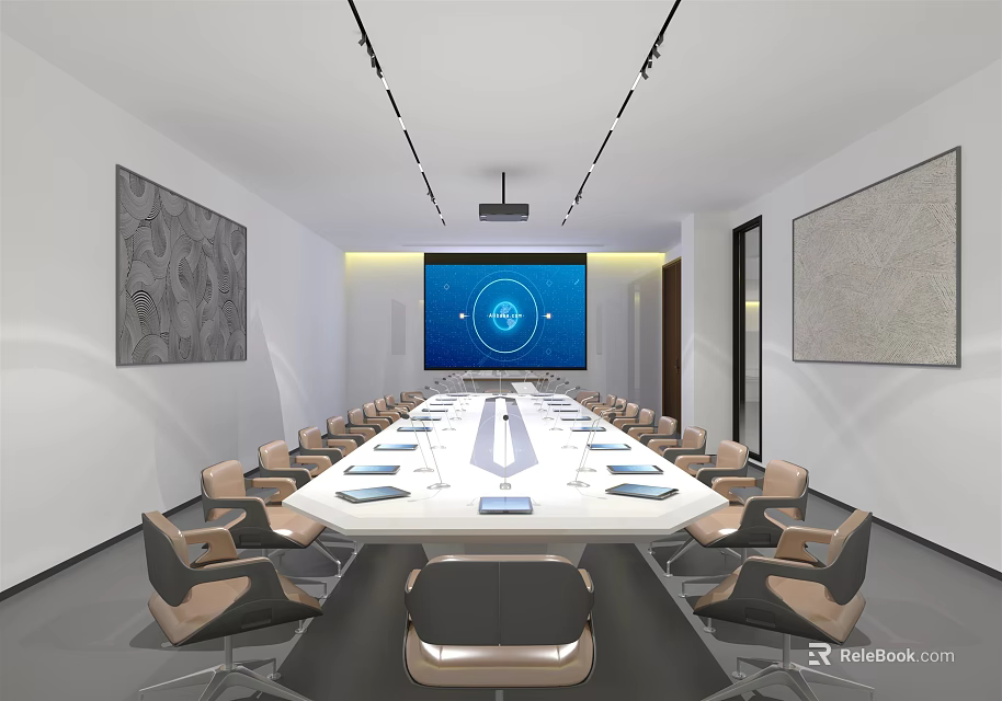 Modern Conference Room Interior With Long Table Chairs Large Screen Ceiling Lights And Tablets 3d model 