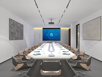 Modern Conference Room Interior With Long Table Chairs Large Screen Ceiling Lights And Tablets 3d model