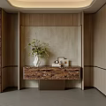 Elegant Modern Foyer Hallway With Marble Counter Console Green Plant And Textured Walls
