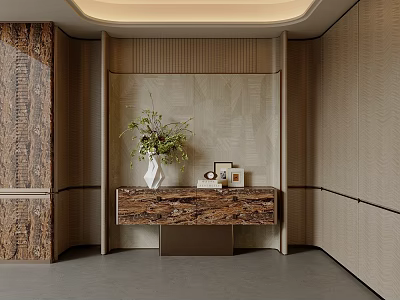 Elegant Modern Foyer Hallway With Marble Counter Console Green Plant And Textured Walls 3d model