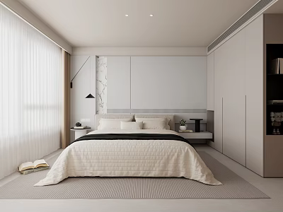Modern Bedroom Interior Design With White Curtains Bedside Tables And Built In Wardrobe 3d model