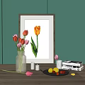 Decorative Ornament Set With Tulips Framed Art Vase Fruit Plate Candles And Books