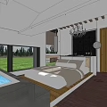 Modern Hotel Guest Room With Chandelier Bathtub Large Windows And Green Grass View