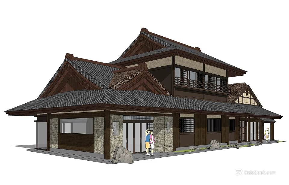 Traditional Style Commercial Complex With Tile Roof Wooden Structure And Entrance Design 3d model 
