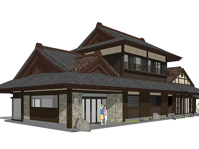 Traditional Style Commercial Complex With Tile Roof Wooden Structure And Entrance Design 3d model