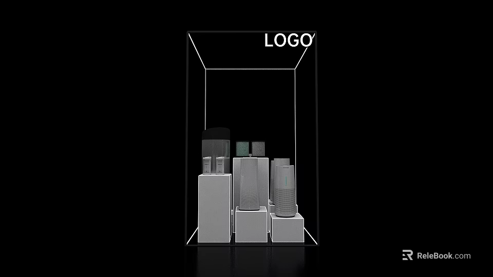 Contemporary Display Island Featuring Transparent Frame Top LOGO And Gray White Geometric Shapes 3d model 