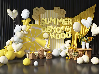 Yellow And White Balloons With Lemon Decor Summer Theme Party Setup Sunflowers And Wicker Baskets 3d model