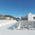 Road Facilities With Paved Path Stone Wall Fence Lotus Pond And Houses Under Blue Sky