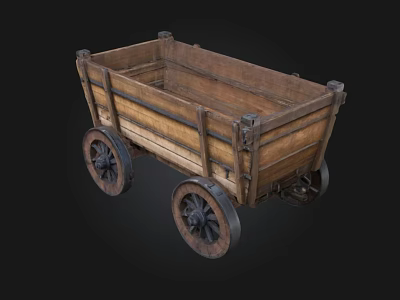 Vintage Wooden Cart With Four Wheels And Rustic Wooden Structure 3d model