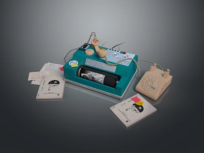 Vintage Green Computer Device With Connected Wires Telephone Papers And Manuals 3d model