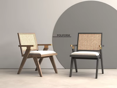 POUIFORM Leisure Chairs With Wicker Backrests Wooden And Black Frames Upholstered Seats 3d model