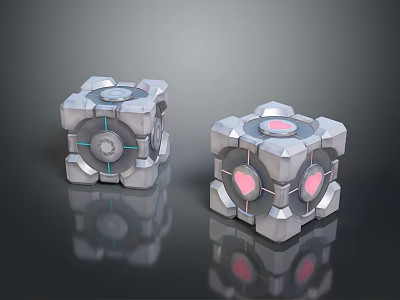 Silver Mechanical Cubes With Geometric Patterns And Glowing Pink Heart Elements 3d model