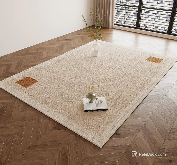 Square Rug In Beige With Brown Squares On Wooden Floor With Tray Plants Near Window 3d model 