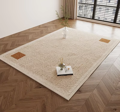 Square Rug In Beige With Brown Squares On Wooden Floor With Tray Plants Near Window 3d model