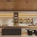 Café Interior With Wooden Ceiling Linear Pendant Lights Large Windows Bar Counter Bookshelves And Green Plants