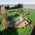 Garden Features In Children's Play Area With Wooden Structures Slide Trees And Green Lawn
