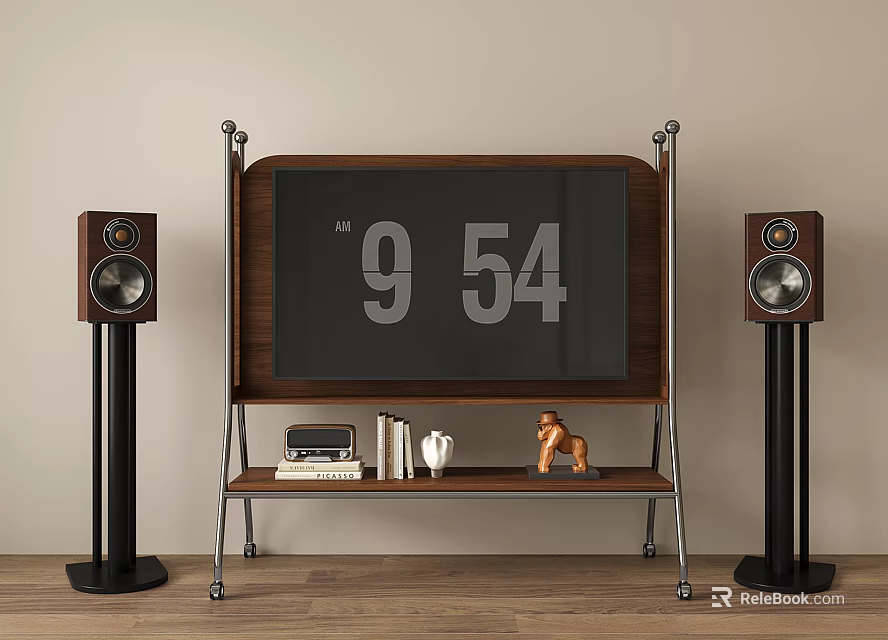 Wooden TV Stand Displaying Time 9 54 on Screen Flanked by Speakers and Decorations 3d model 