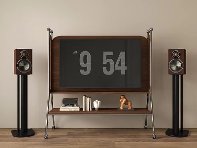 Wooden TV Stand Displaying Time 9 54 on Screen Flanked by Speakers and Decorations 3d model