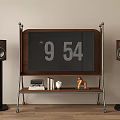 Wooden TV Stand Displaying Time 9 54 on Screen Flanked by Speakers and Decorations