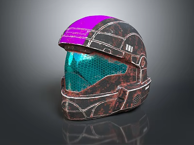 Futuristic Armored Helmet With Purple Top Rusty Body And Green Mesh Visor 3d model