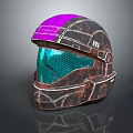 Futuristic Armored Helmet With Purple Top Rusty Body And Green Mesh Visor
