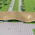 Modern Curved Entrance Gate Design In Demonstration Area With Green Lawn Plaza And Visitors