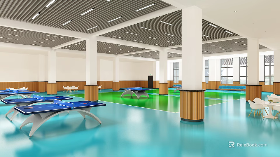 Spacious Indoor Sports Fitness Area With Table Tennis Tables Green Blue Flooring And Wooden Accents 3d model 